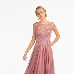 NEW A-LINE CHIFFON DRESS WITH ZIP EMBROIDERED WITH LACE AND RHINESTONES GL3068